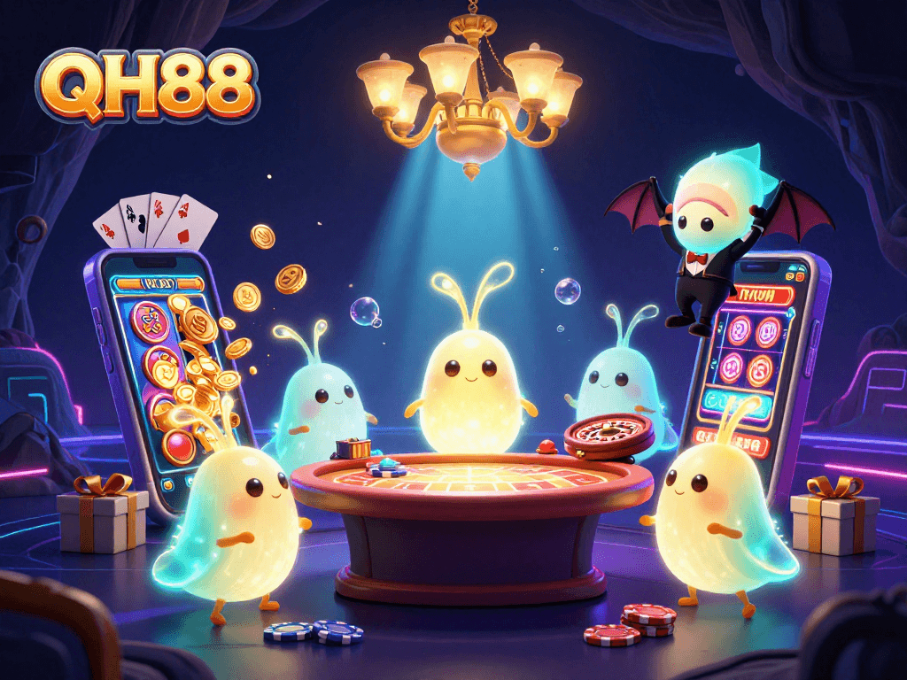 Engage with QH88's vibrant casino experience illustrated by glowing characters and thrilling games.