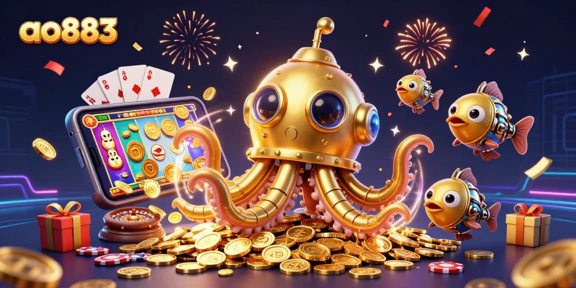 Win jackpots with ao883's vibrant slot game scene featuring a golden kraken and mechanical fish.