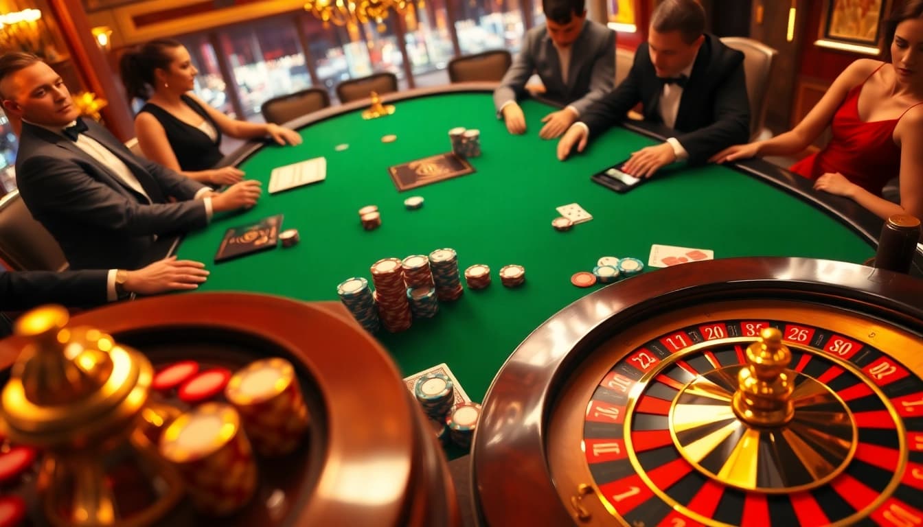 Engaging scene at King 88 casino with players at a poker table, colorful chips, and roulette wheel.