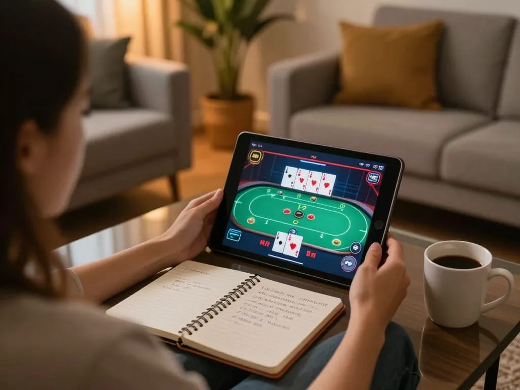 Engaging online poker game using itwshow on a tablet in a cozy, well-decorated living room