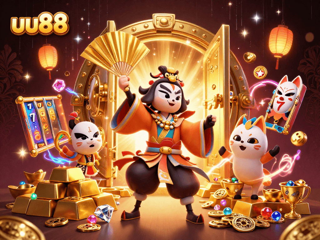 Spin to win with uu88's thrilling 3D casino scene featuring vibrant characters and gold treasures.