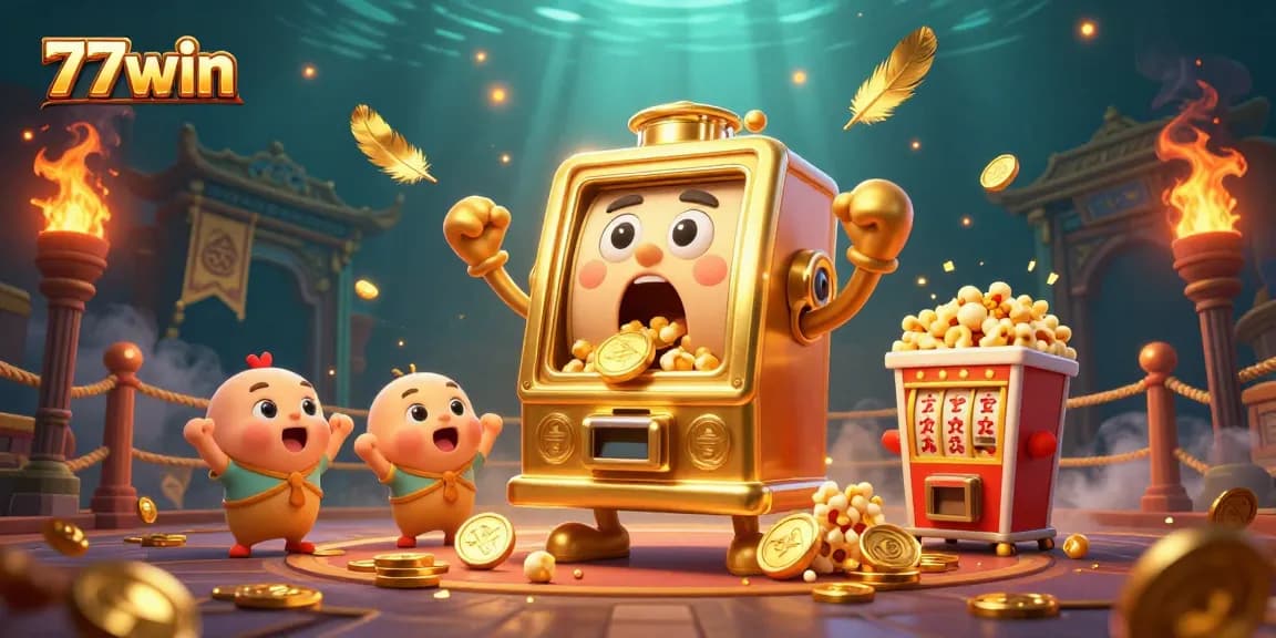 Experience thrilling slots with 77win's animated golden slot machine celebrating a jackpot in vibrant detail.