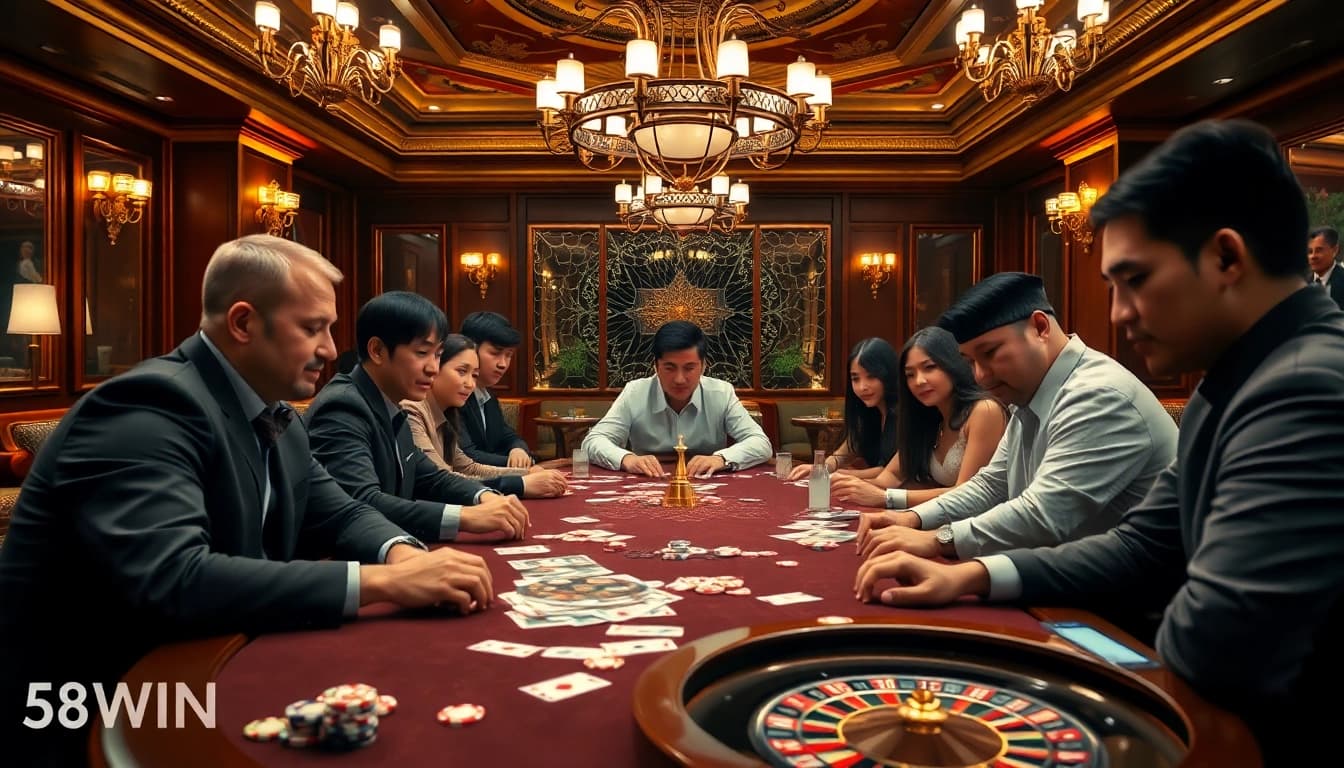 Experience excitement at nhà cái 58WIN's luxurious casino with players at a poker table.