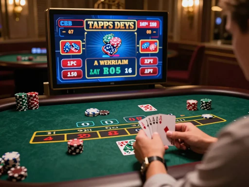 Players strategizing at a virtual Man88 blackjack table in an upscale online casino atmosphere.