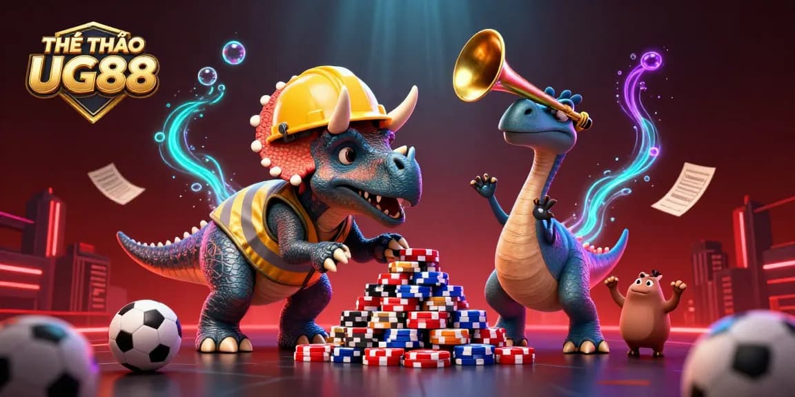 Experience the excitement of THỂ THAO UG88 sports betting with a vibrant 3D illustration showcasing a triceratops and friends.
