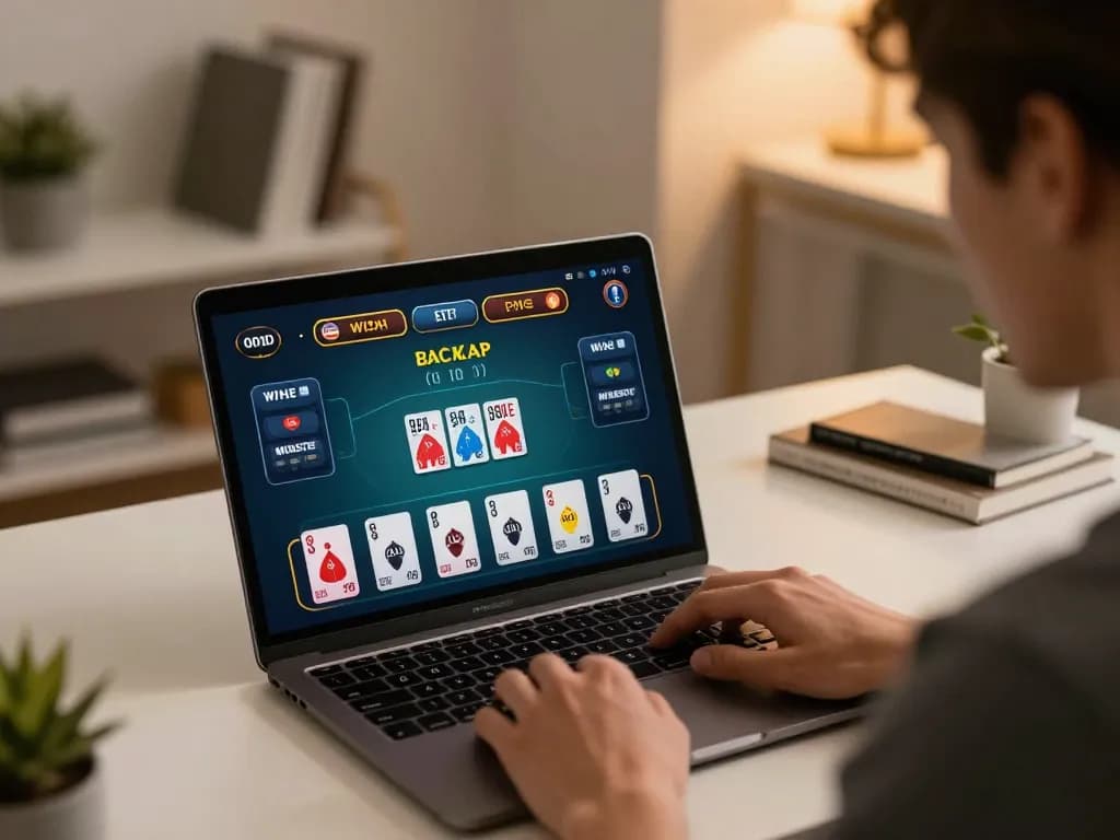 RR88 player focused on baccarat game interface at a modern home desk, showcasing strategic gameplay.