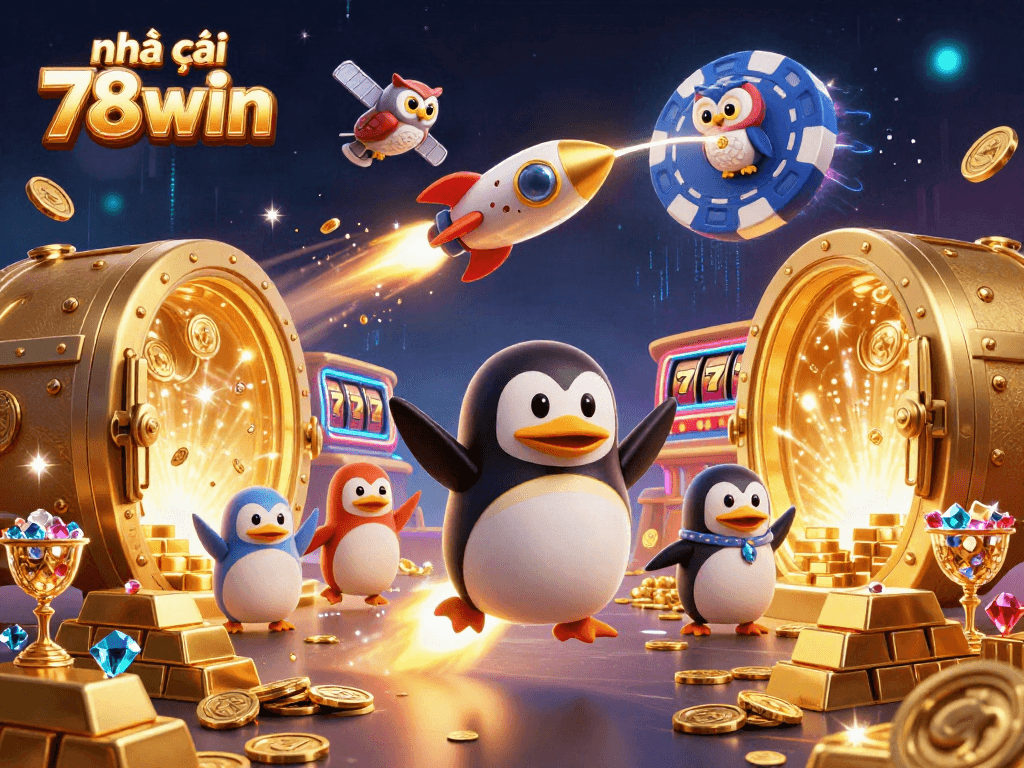 Experience the excitement at nhà cái 78win with a vibrant casino illustration featuring a golden penguin in space.