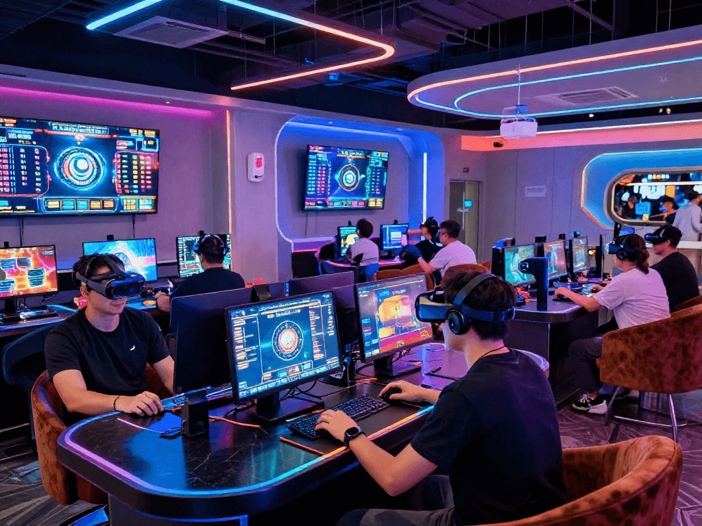 Exciting crypto casino with players engaged in high-tech gaming and vibrant neon atmosphere