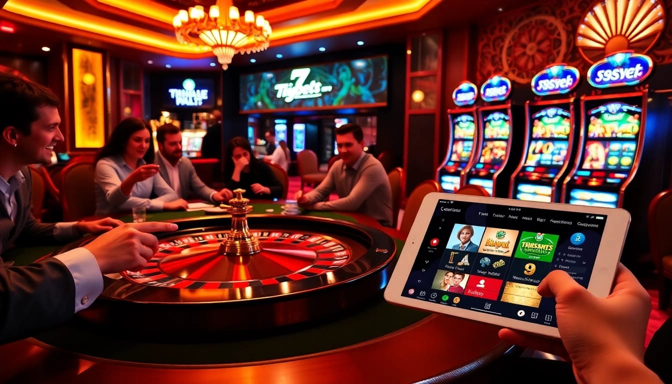 Enthusiastic players engaging at 789bet's luxury poker table with vibrant casino elements.
