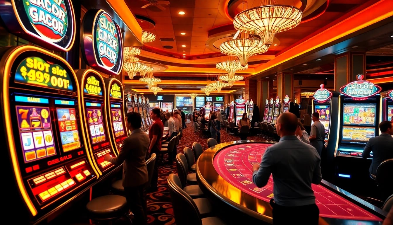 Players celebrating wins at a slot gacor machine in a luxurious casino environment.