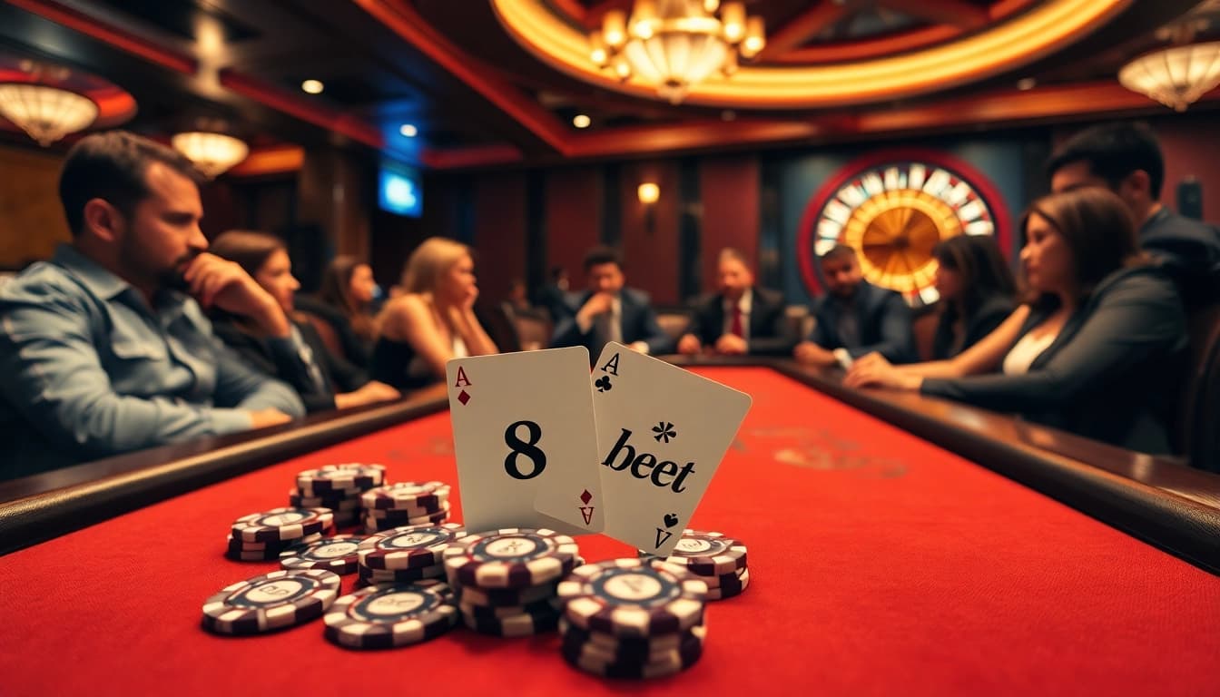 Exciting poker game at 8kbet casino with stylish chips and cards