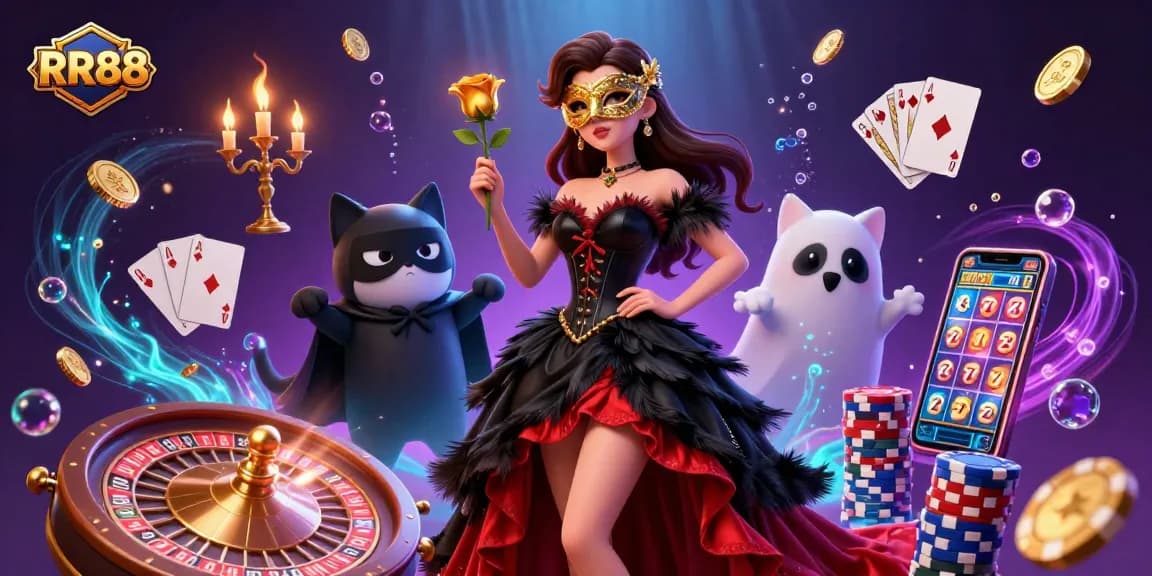 Experience thrilling chances at RR88 with vibrant casino elements, including spinning roulette and flying coins.