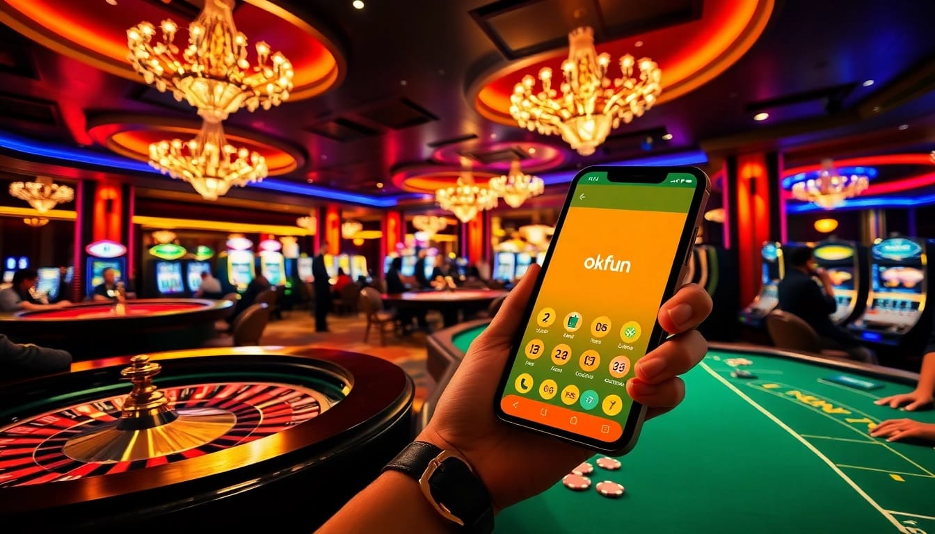Experience the excitement of the okfun app in a luxurious casino environment with vibrant gaming tables.