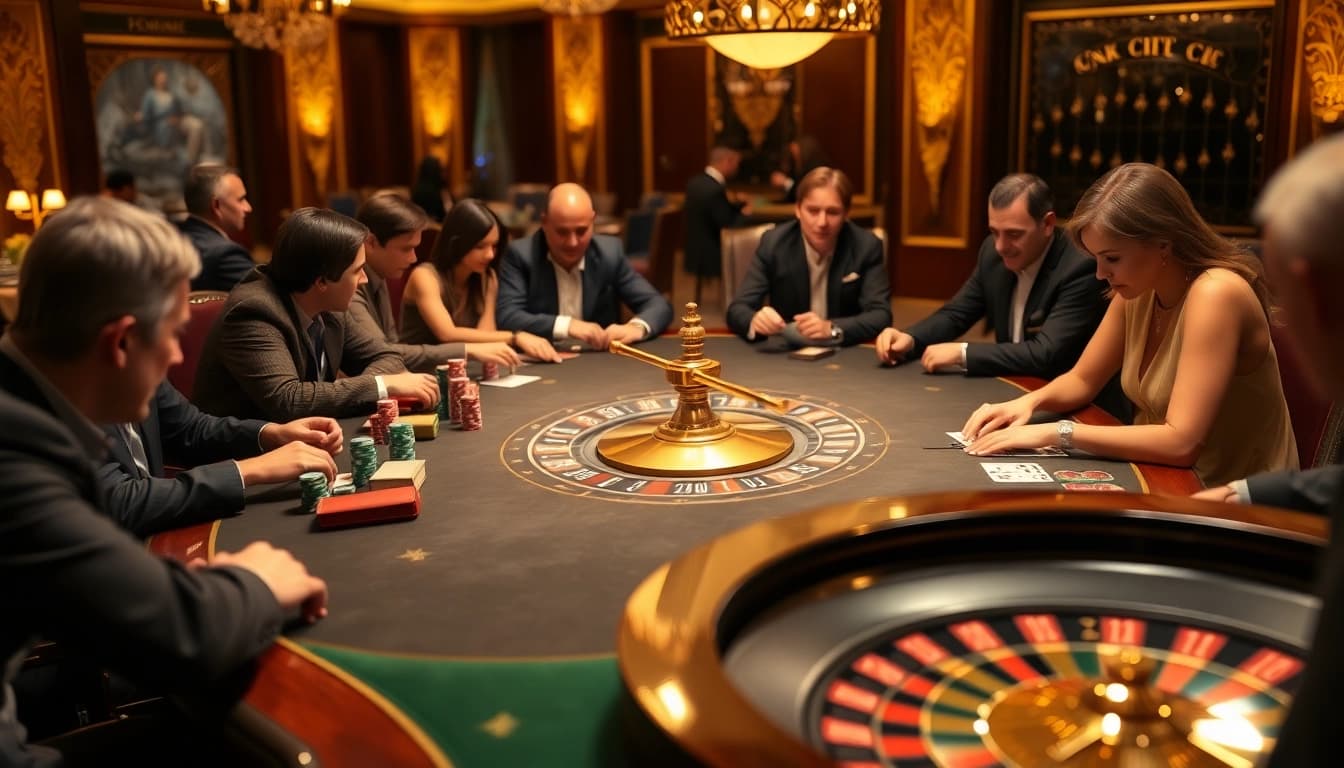LC88 gaming table surrounded by focused players in a high-stakes poker game, full of tension and excitement.