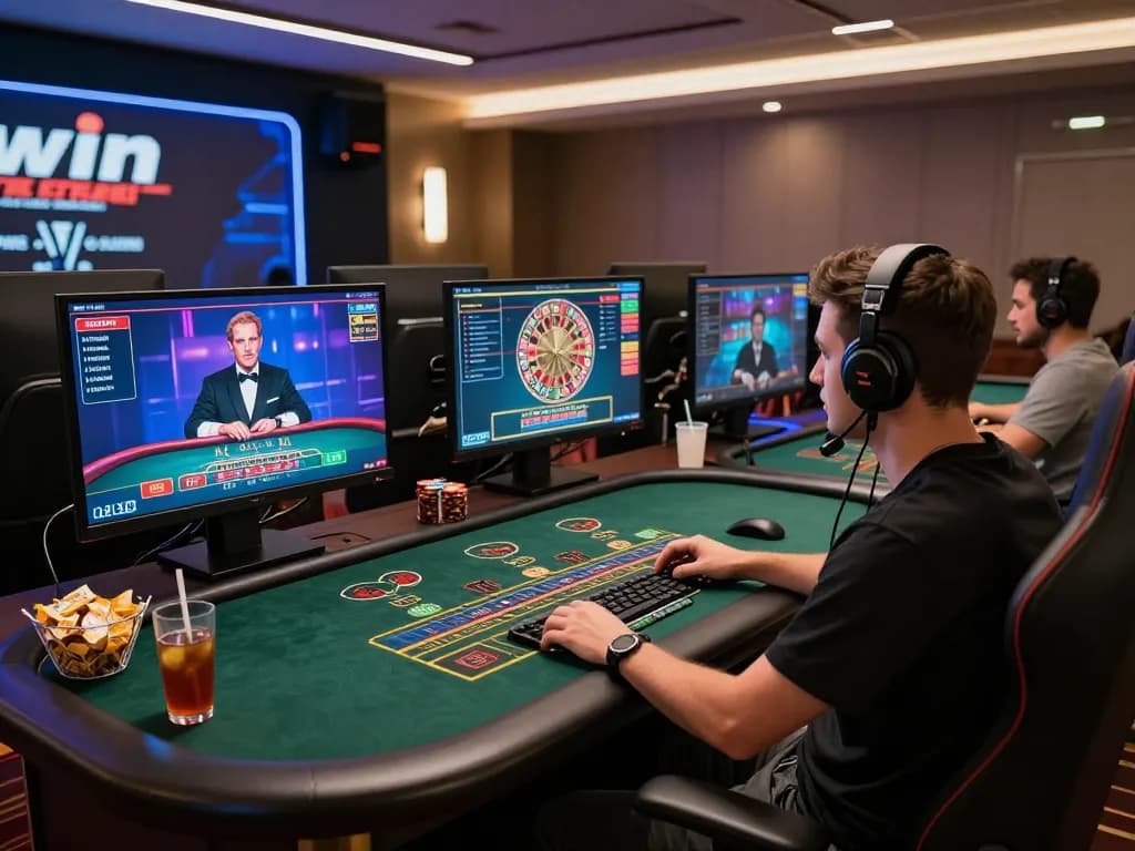 Engaging live casino gaming setup showing dynamic gameplay on https://3win.blue/ with multiple screens and stylish atmosphere