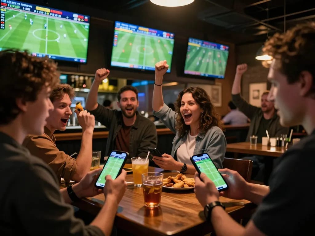 Engaging sports betting environment showcasing kết quả bóng đá on multiple screens in a lively bar.