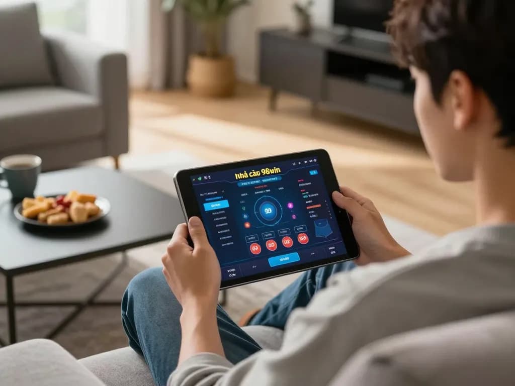 Engaged player exploring nhà cái 98win online casino on tablet, showcasing immersive gaming experience.
