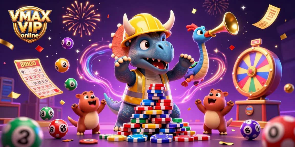 Experience the excitement of VMAX VIP online with vibrant celebrations and betting action in a colorful casino scene.