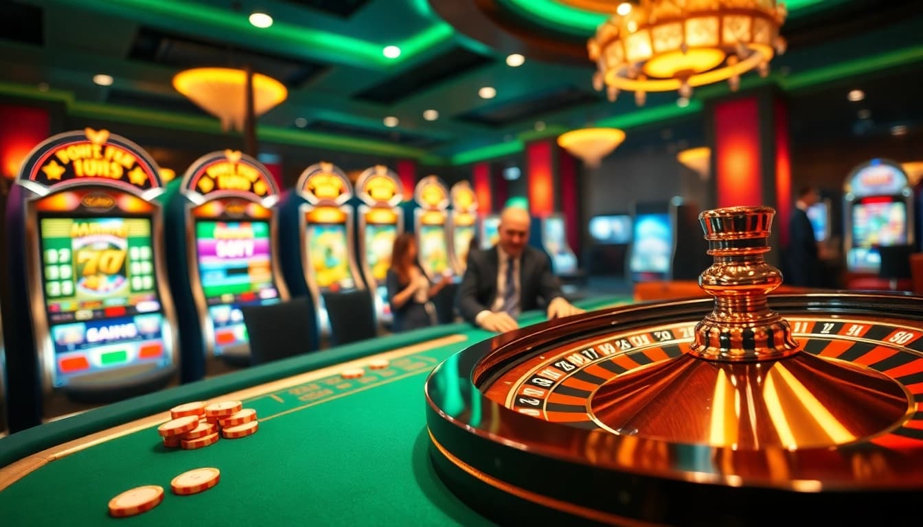 Engage in thrilling kqbd gambling at a luxurious casino with roulette and vibrant slot machines.