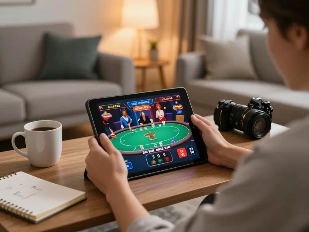 Engaged player enjoying twin68 online casino games while reviewing strategy notes in cozy home setting