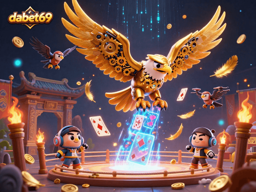 dabet69 features a cybernetic golden eagle amidst holographic cards in a vibrant casino scene.