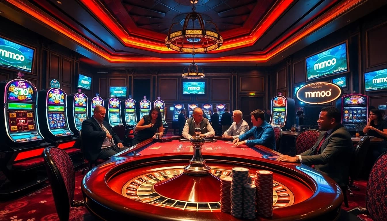 Engaged players at a luxurious mmoo poker table in an elegant casino atmosphere.