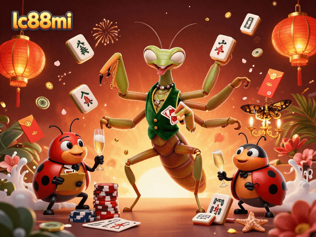 Experience casino thrills with lc88mi showcasing a giant mantis and ladybug amidst a vibrant celebration.