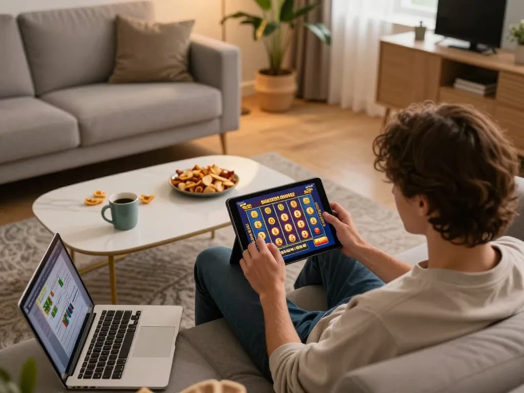 B52club player enjoying online slots from home with tablet and snacks.