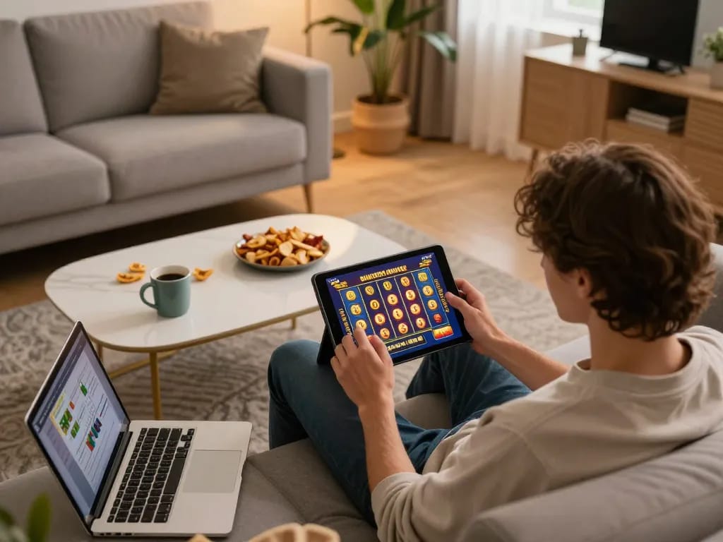 B52club player enjoying online slots from home with tablet and snacks.