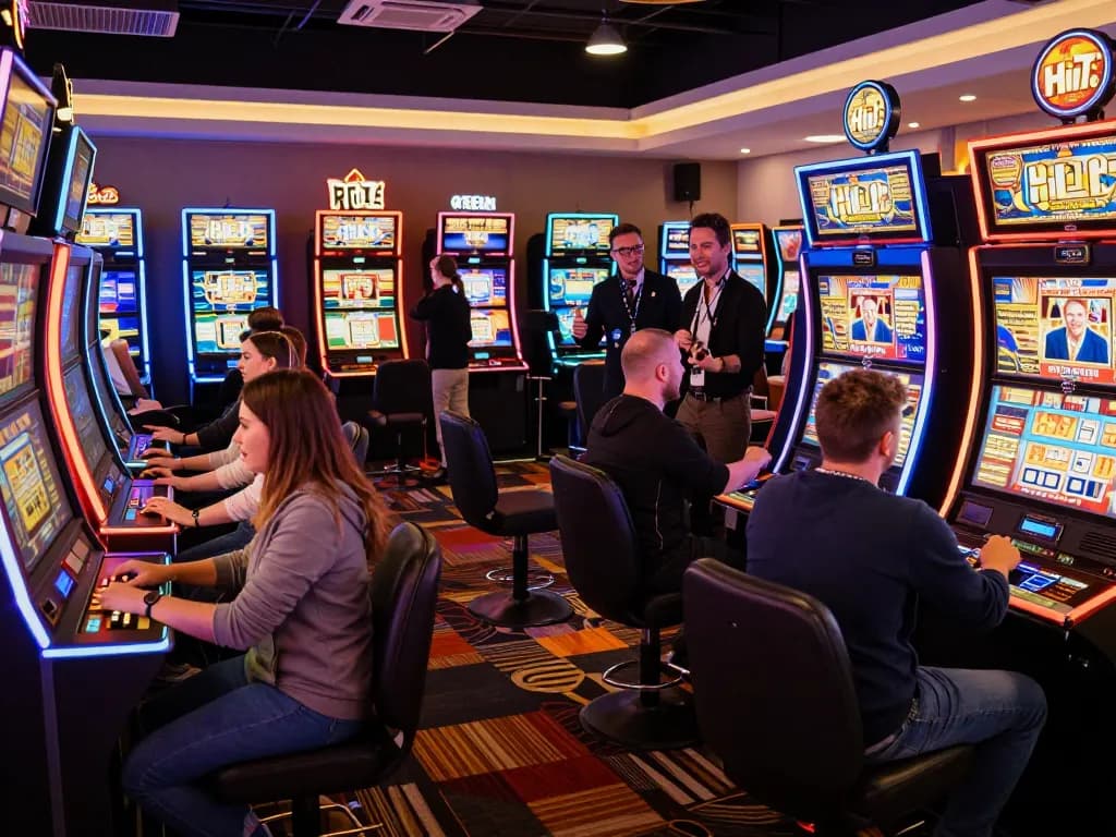 Players celebrating wins at HIT CLUB in a lively casino atmosphere with vibrant slot machines.