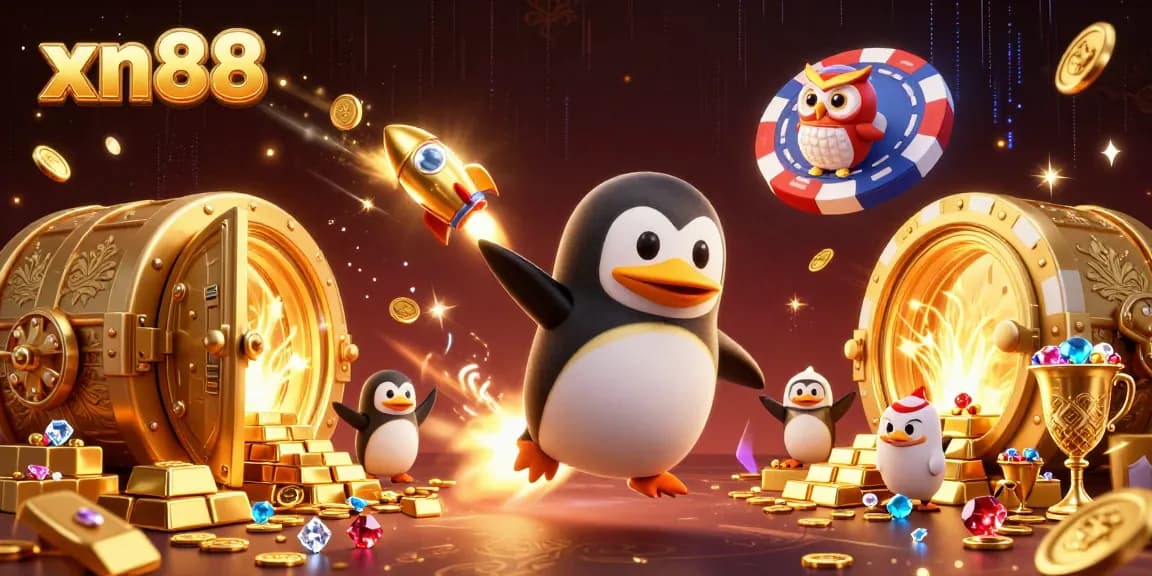 Experience the vibrant xn88 gaming adventure with a golden penguin and striking casino elements.