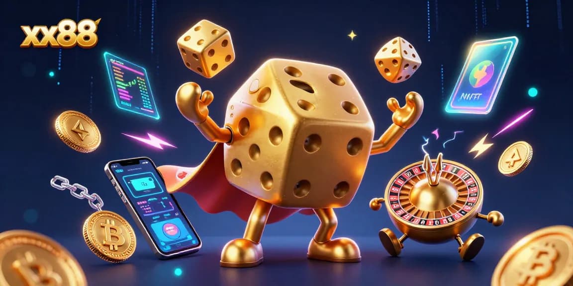 Engage in thrilling gaming at xx88 with a dynamic 3D representation of animated dice and crypto elements.