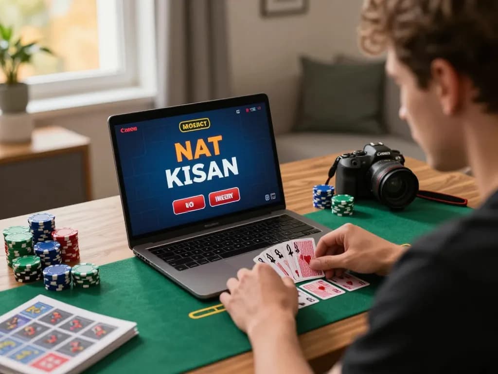 Engaging in live blackjack on 79KING, analyzing cards on a laptop in a stylish home office.