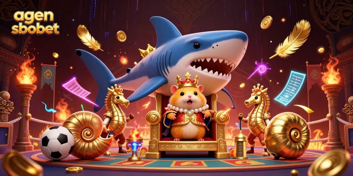 Experience thrilling sports betting with agen sbobet, featuring a dynamic 3D scene of a hamster king and royal guards