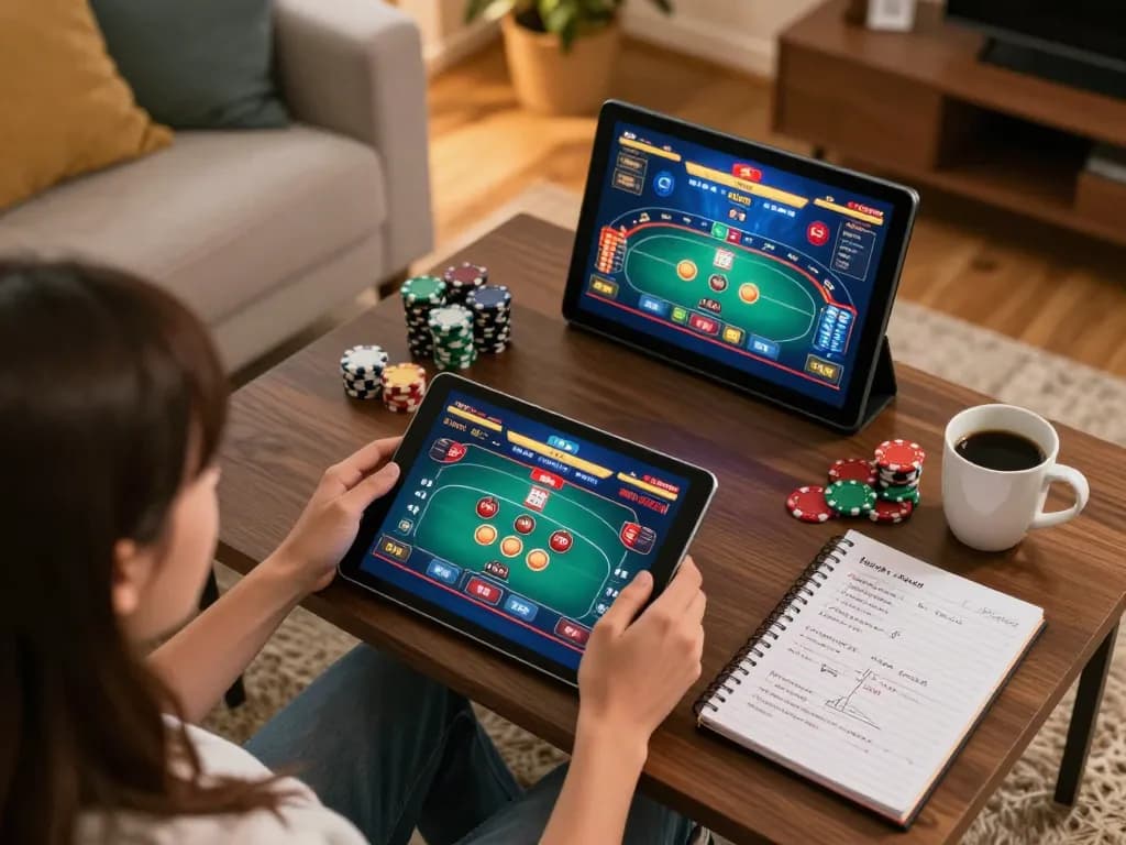 Hitclub player engaging with poker strategies on tablet in a cozy home setting