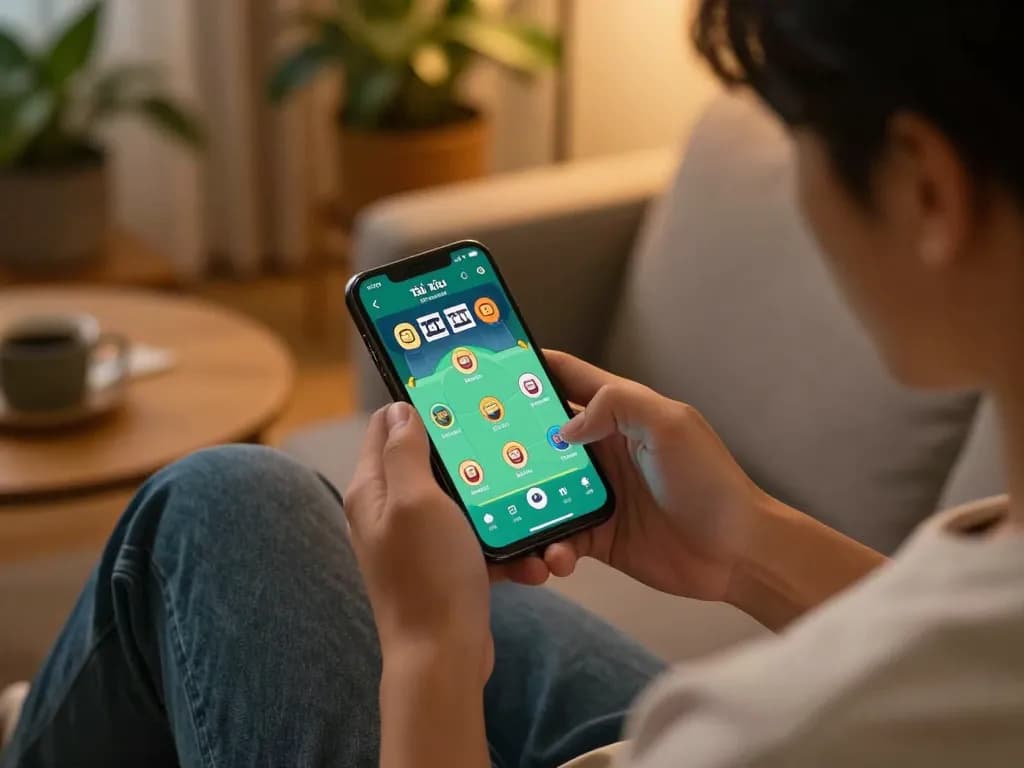 Engaging gameplay on app tài xỉu online uy tín, showcasing a player on their smartphone in a cozy home setting.