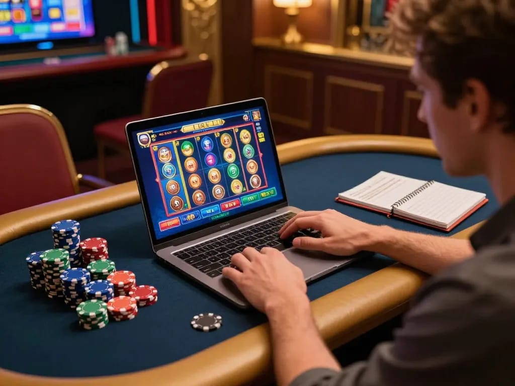 An engaged player exploring slot games at nk88vip on a cozy evening.