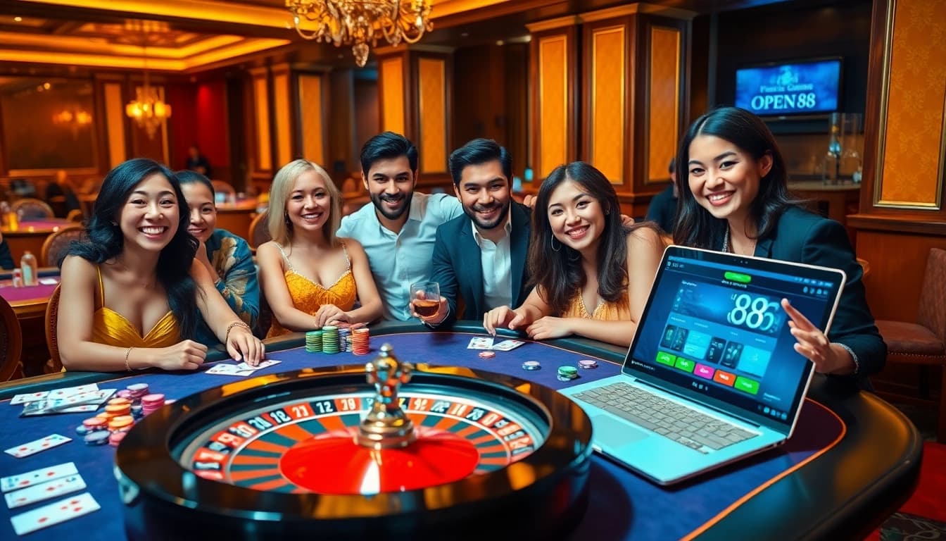 OPEN88 players enjoying a thrilling casino experience at vibrant tables.