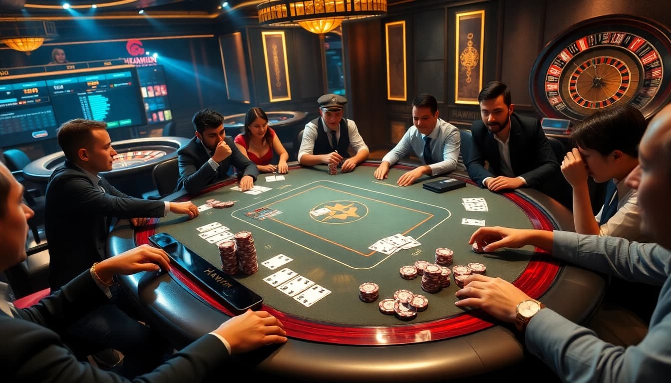 Experience high-stakes poker at Haywin's luxurious gaming table, featuring vibrant chips and strategic gameplay.