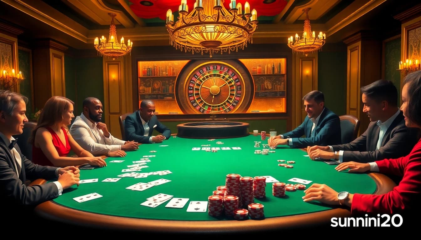Players strategizing around a poker table at sunwin20 casino, filled with excitement and glamour.