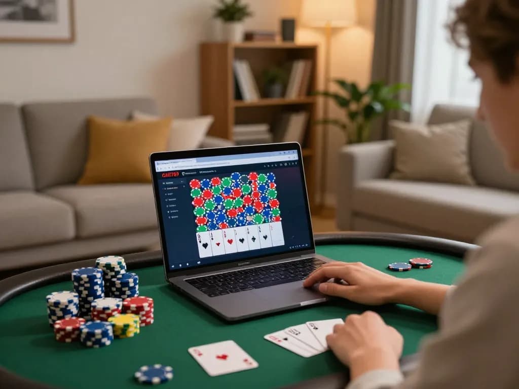 Player enjoying poker on ga6789 platform at home, highlighting responsible gambling.