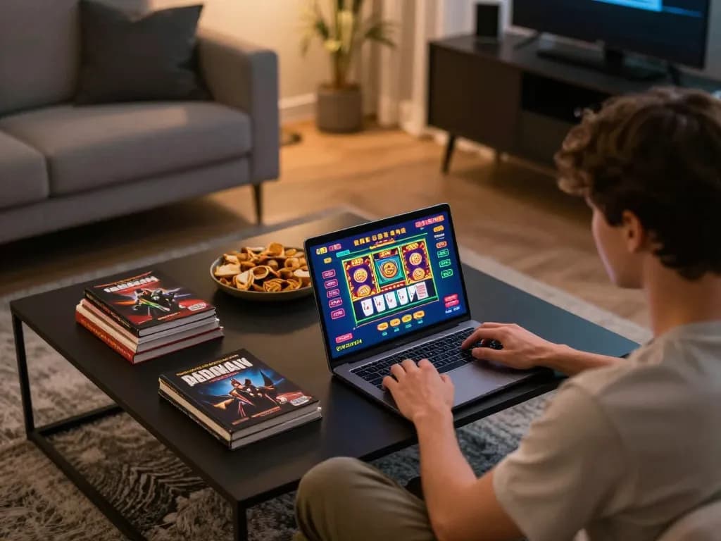 Player enjoying online gaming at home with 68gamebaivn open on laptop, showcasing engaging slot games and cards