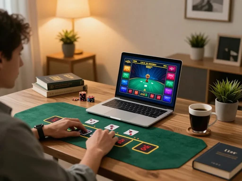 CK444 player enjoying live blackjack in a cozy home setup, emphasizing responsible gaming.