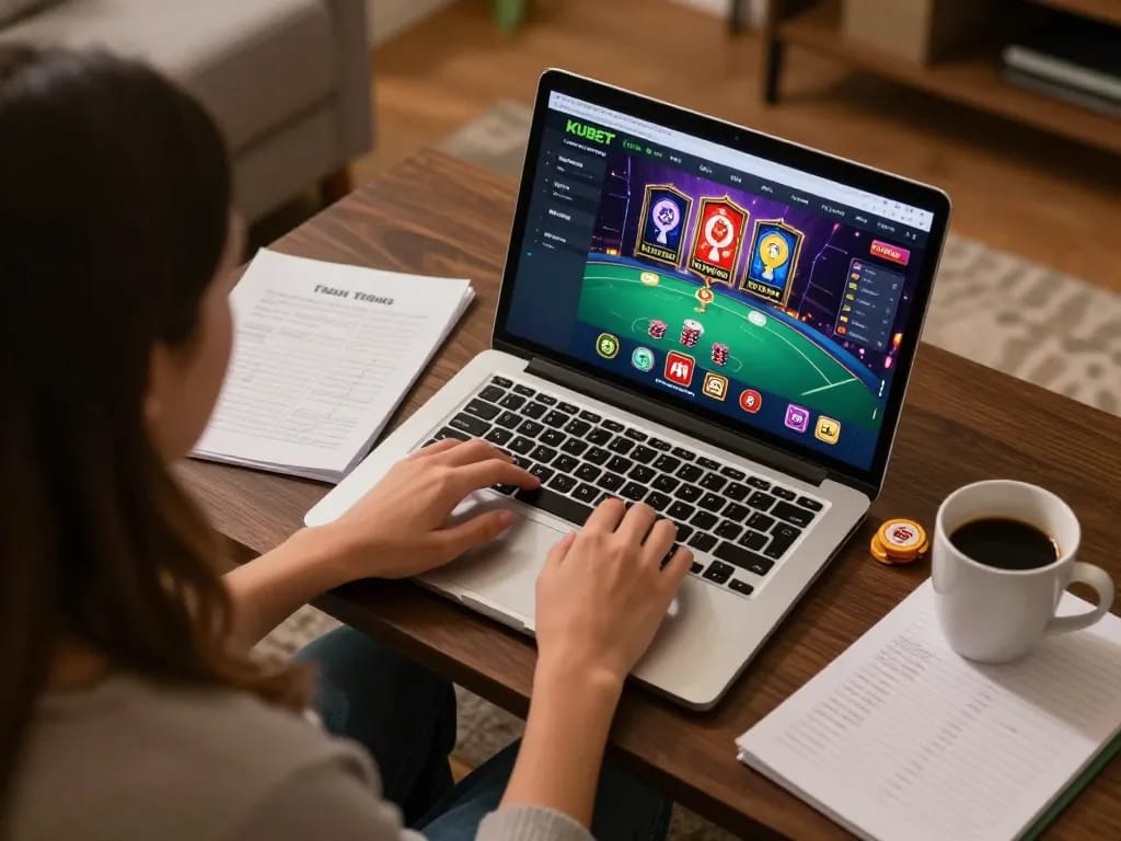 KUBET user enjoying dynamic online casino gameplay on laptop, surrounded by strategy notes and warm lighting.