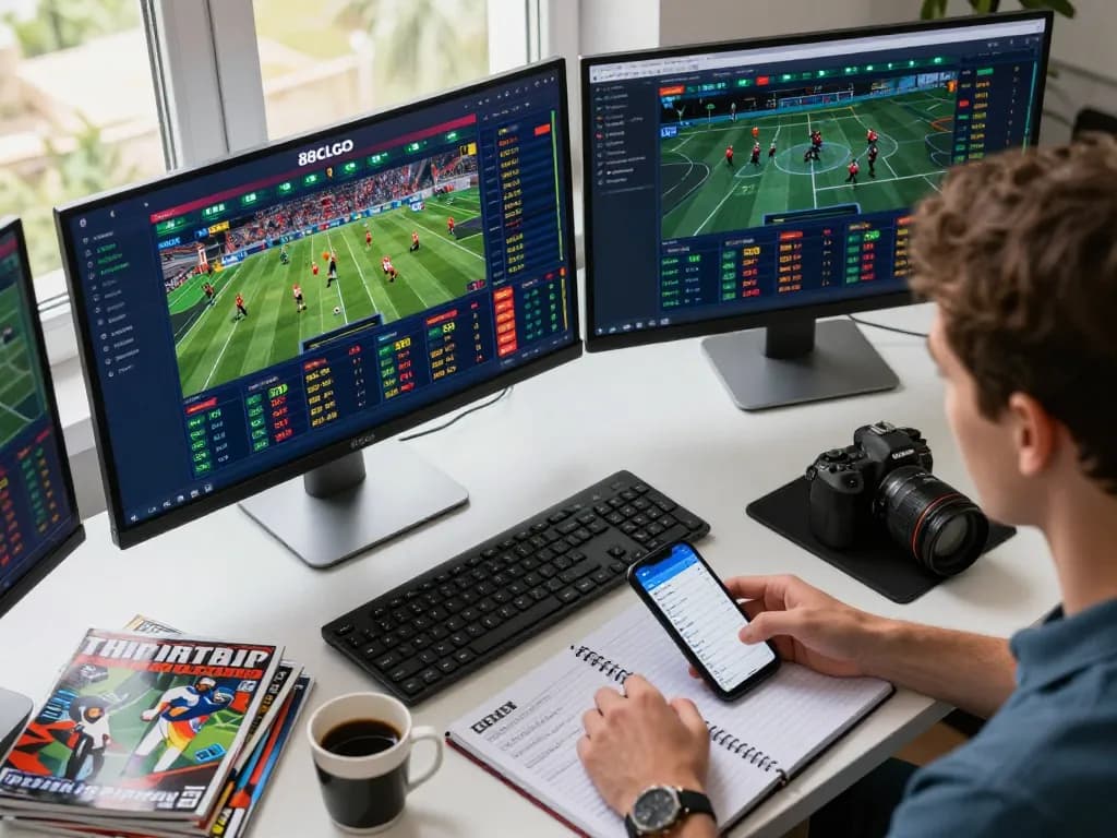 Engaged bettor using 88clbgo for live sports betting with multiple monitors and strategic notes visible.