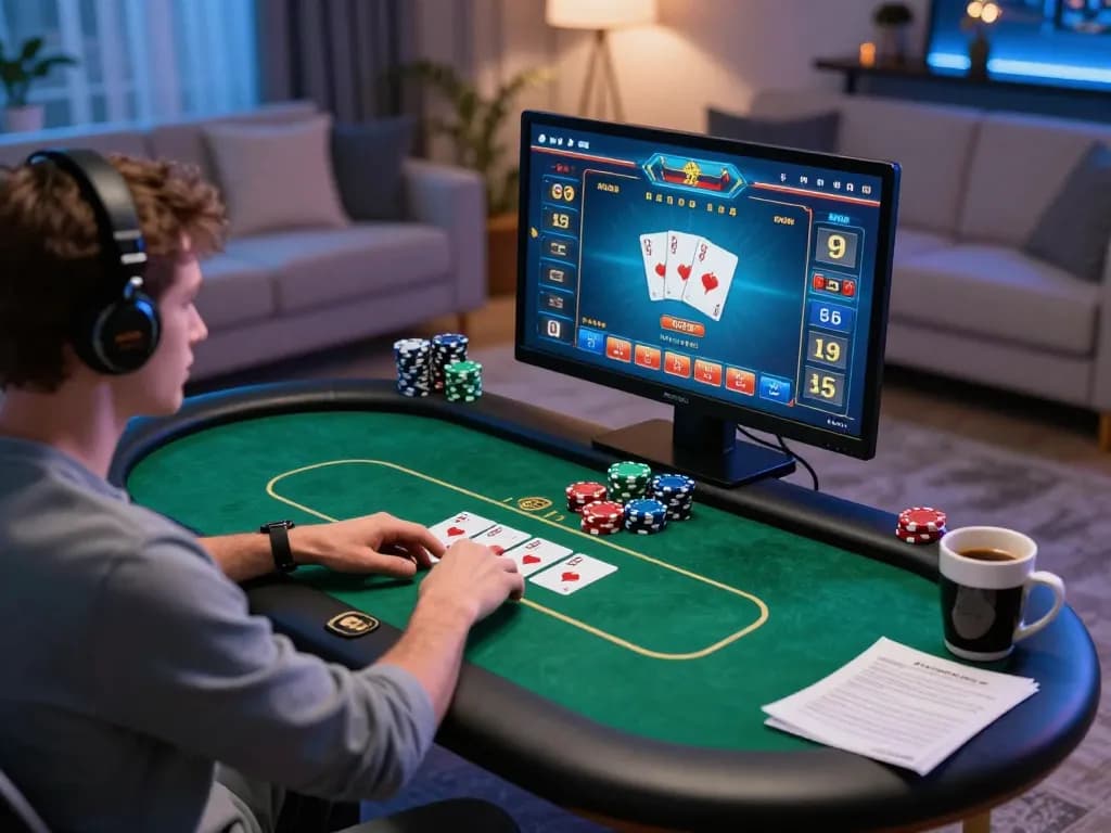 Player engaging in 7M online poker game at home, showcasing vibrant graphics and a cozy setting.