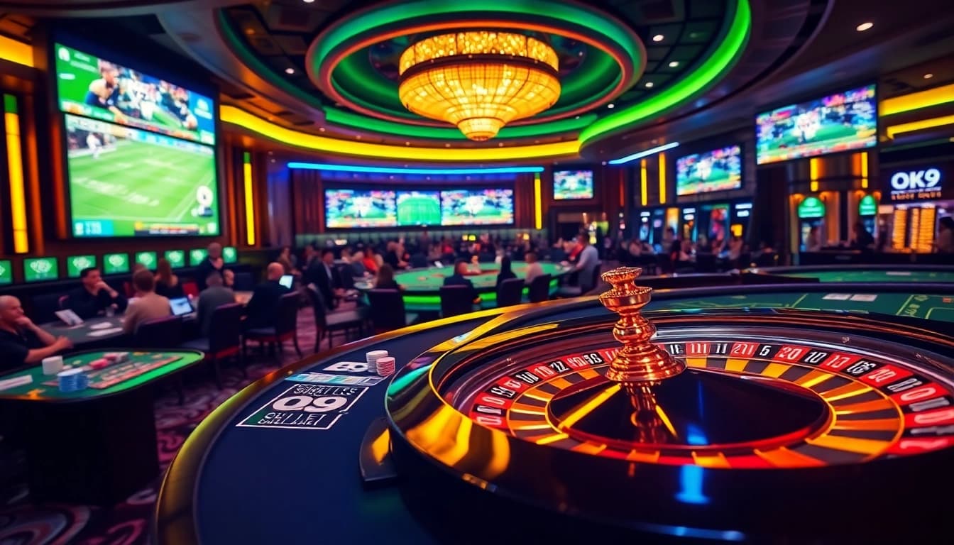 Betting action at Nhà cái bóng đá OK9 with vibrant casino tables and engaged players.