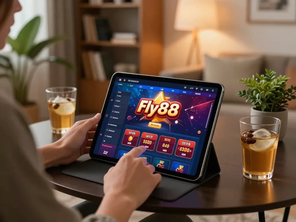 Engage with Fly88 casino on a stylish tablet setup, emphasizing enjoyable gaming experience