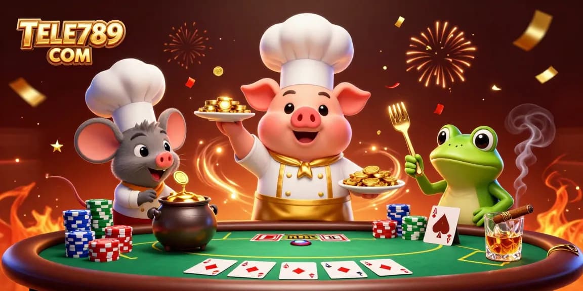 Experience thrilling poker action with TELE789 COM featuring vibrant characters and gaming elements.