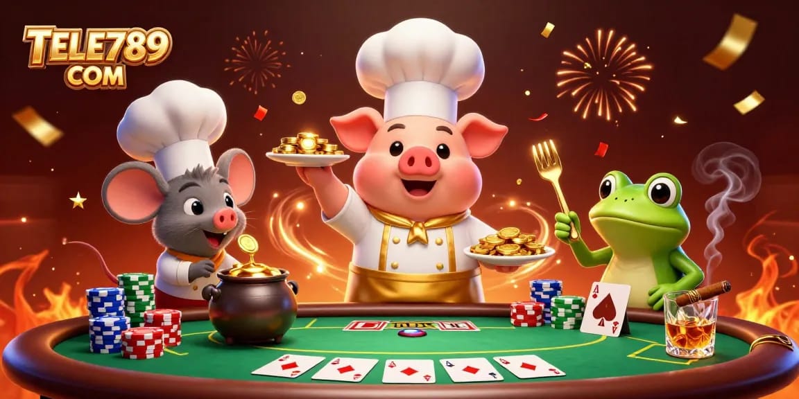 Experience thrilling poker action with TELE789 COM featuring vibrant characters and gaming elements.